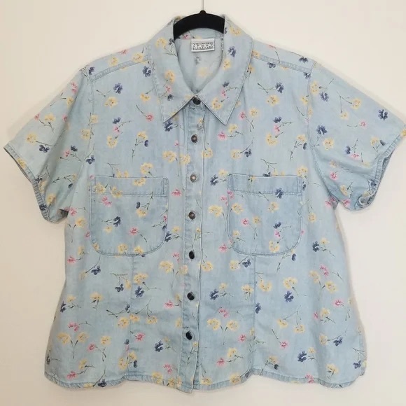 Vintage Floral Denim Button Down Shirt - Picture 1 of 1